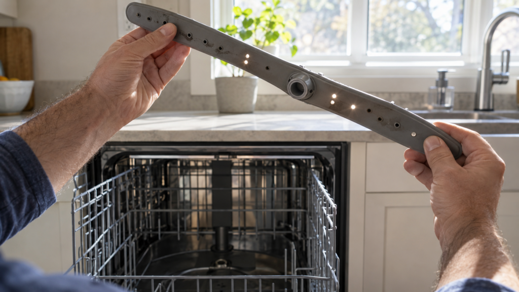 Hands holding a dishwasher spray arm up to the light, with daylight passing through only some of its holes.