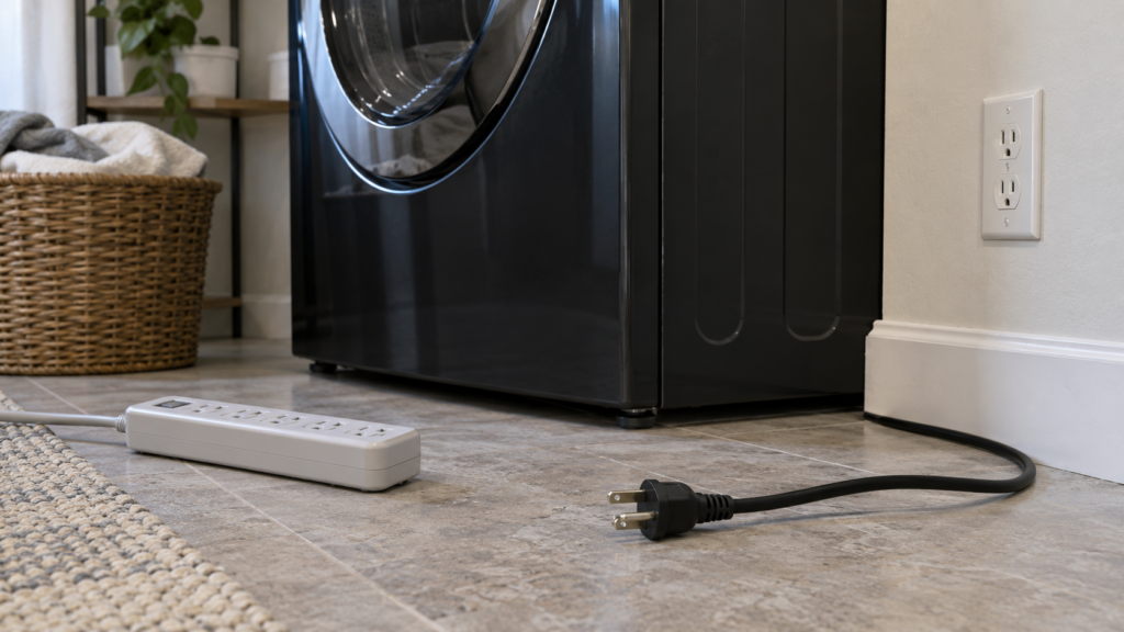 A washing machine power cord pulled from the wall outlet and lying beside a surge protector strip, the dark washer behind it.