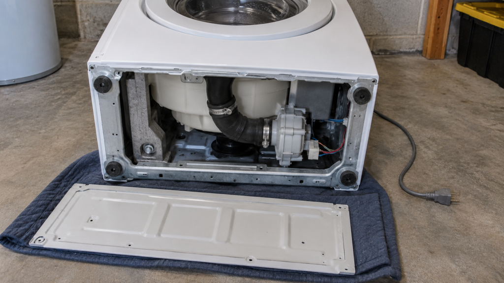 A washer laid on its back with the bottom panel off, showing the drain pump with its hose clamps and wire connectors.